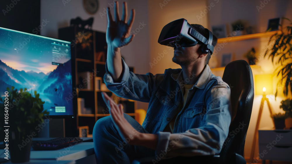 Fototapeta premium Man wears a VR headset and enjoying with virtual reality in the home