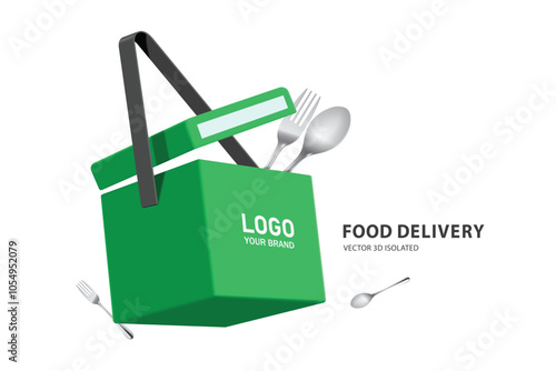 A rectangular bag or box in which food is delivered to customers, floats in mid-air and opens to reveal a spoon and fork, vector 3d isolated on white background for food delivery advertising design