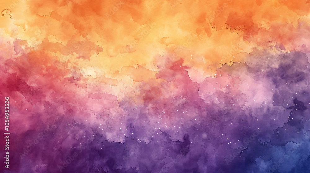 Naklejka premium Abstract watercolor background with sunset sky in orange and purple hues.