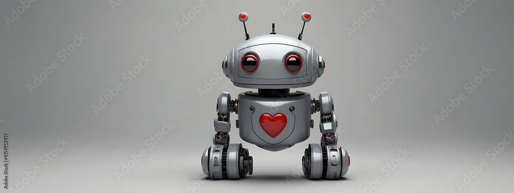 Small robot with a big smile, antennae, and heart-shaped buttons on a plain light gray background, ideal for a modern tech-themed wallpaper. Small robot with a big smile, antennae, and heart-shaped buttons on a plain light gray background, ideal for a modern tech-themed wallpaper.
