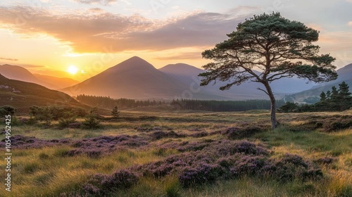 Scenic Sunset Over Mountains with Lone Tree