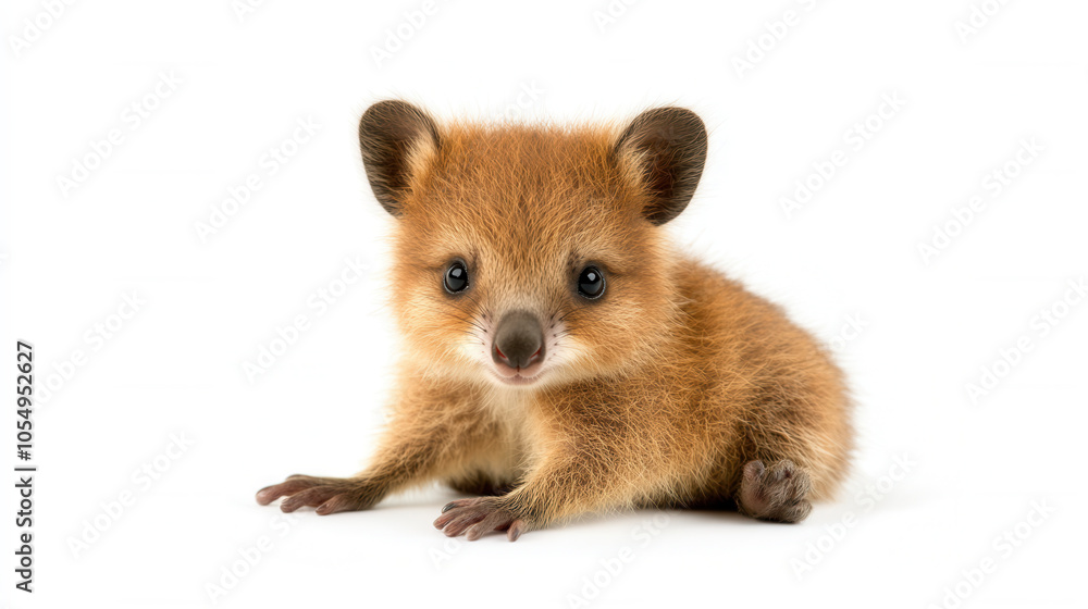 Fototapeta premium Charming baby quokka with smile, showcasing its adorable features and playful nature. This delightful creature captures hearts with its endearing expression and soft fur