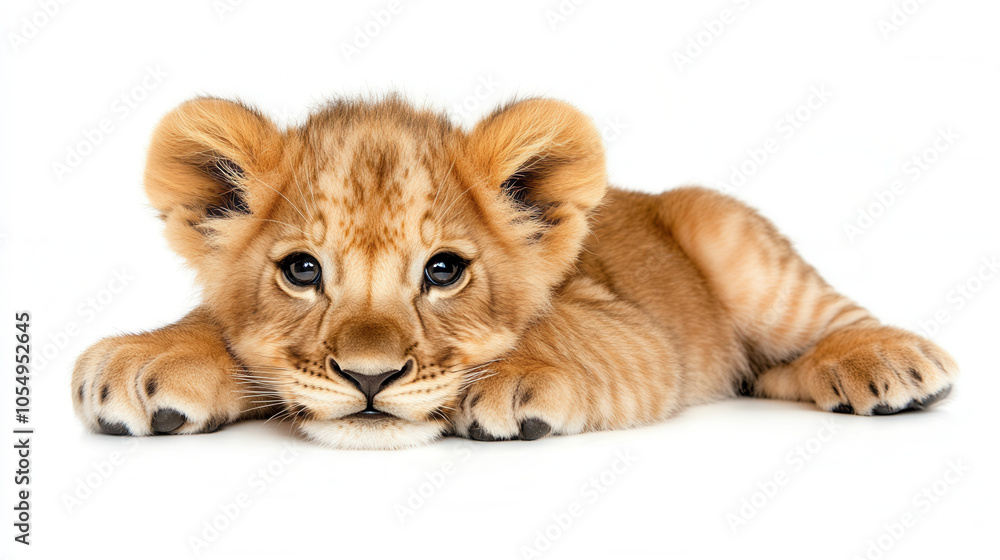 Charming baby lion cub with big paws, lying down and looking adorable. This playful cub showcases its soft fur and curious expression, evoking feelings of joy and warmth Charming baby lion cub with big paws, lying down and looking adorable. This playful cub showcases its soft fur and curious expression, evoking feelings of joy and warmth