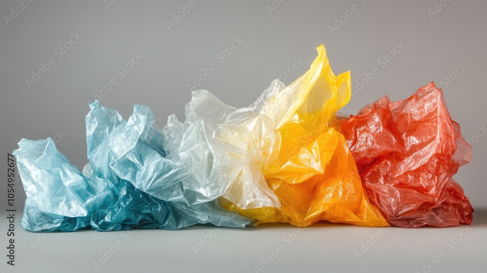 Colorful Crumpled Plastic Films on Gray Background Colorful Crumpled Plastic Films on Gray Background