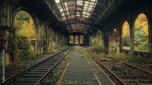 An eerie, abandoned train station, with the tracks overgrown and the platform crumbling under years of neglect.