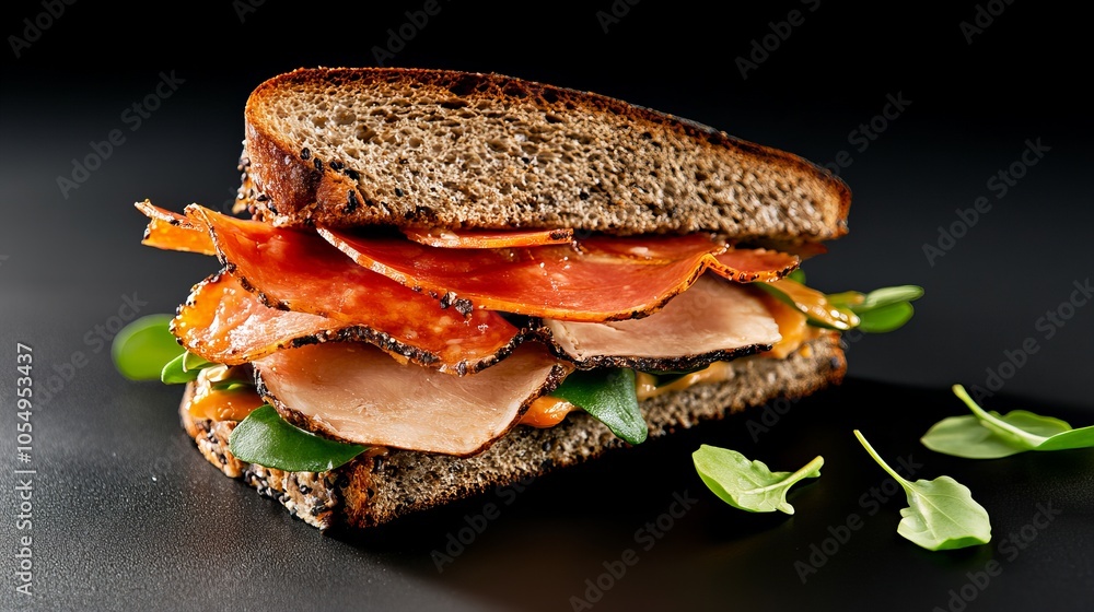 Close-up of a delicious sandwich with salami, ham, and greens on dark bread. Close-up of a delicious sandwich with salami, ham, and greens on dark bread.