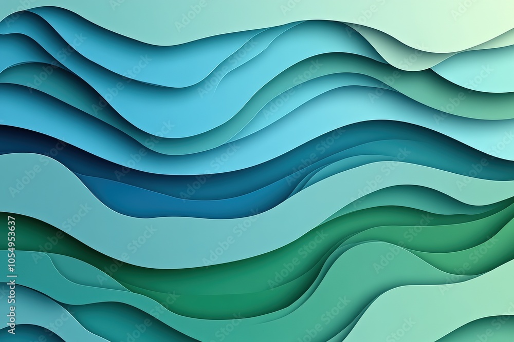 Fototapeta premium Abstract blue and green paper cut waves background.