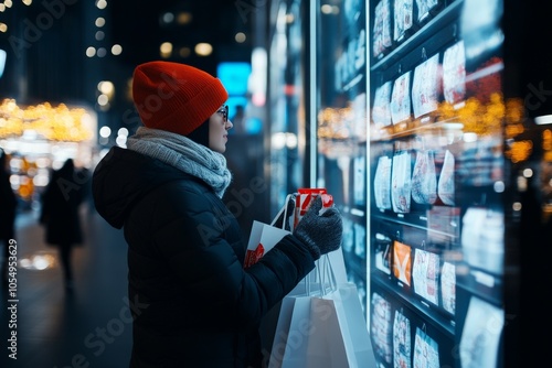 A young person in winter clothes is window shopping with bags in hand, enjoying an illuminated street beautifully decorated with sparkling city lights at night. photo