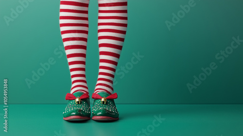 festive elf legs with green and red striped stockings and pointed shoes topped with small bells.  against , green banner/web/wallpaper/design/poster flyer photo