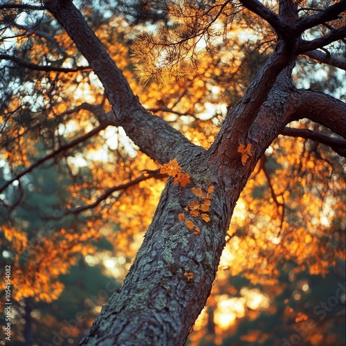 The golden sunlight of a late autumn afternoon shone on a weathered pine tree, its branches reaching up through a canopy of oaks. This scene is typical of the forests of Eastern Europe. photo