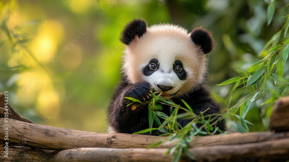 sweet 4 month old baby panda munching on bamboo, surrounded by lush greenery, exudes playful and curious expression. This adorable scene captures essence of wildlife sweet 4 month old baby panda munching on bamboo, surrounded by lush greenery, exudes playful and curious expression. This adorable scene captures essence of wildlife