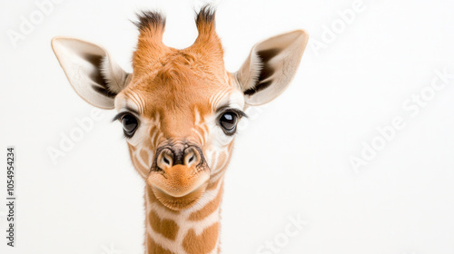 Sweet 4 month old baby giraffe with long neck and expressive eyes, showcasing its unique features and playful demeanor