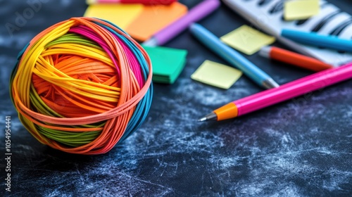 Colorful Rubber Band Ball with Office Supplies photo