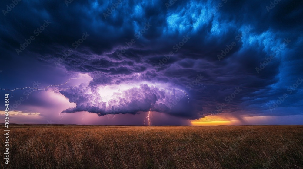 Lightning strikes over a flat prairie landscape, with a dark, rolling storm cloud moving across the horizon. Lightning strikes over a flat prairie landscape, with a dark, rolling storm cloud moving across the horizon.