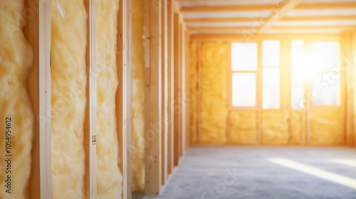 Brightly lit interior of a home under construction with insulation