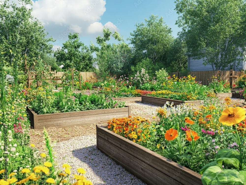 Fototapeta premium Organic crops growing in raised garden beds, surrounded by wildflowers and buzzing bees for natural pollination.