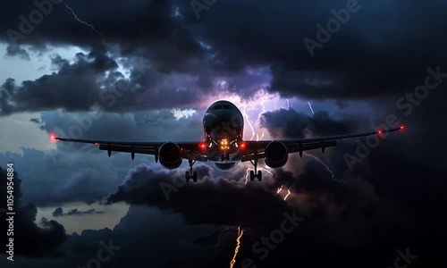 An airplane flying through a stormy sky with lightning illuminating the clouds.
