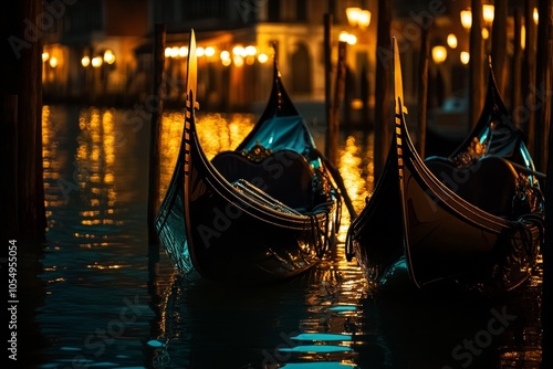 Nighttime photography of gondolas at venice dock with beautifully lit architecture in background