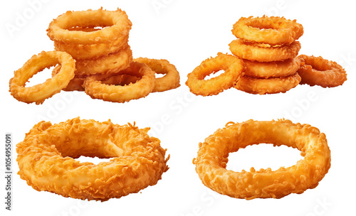 Collection of crispy fried onion rings in various arrangements, with golden texture and crunchy appearance. Perfect for adding flavor to dishes or enjoying as snack, transparent background PNG cutout photo