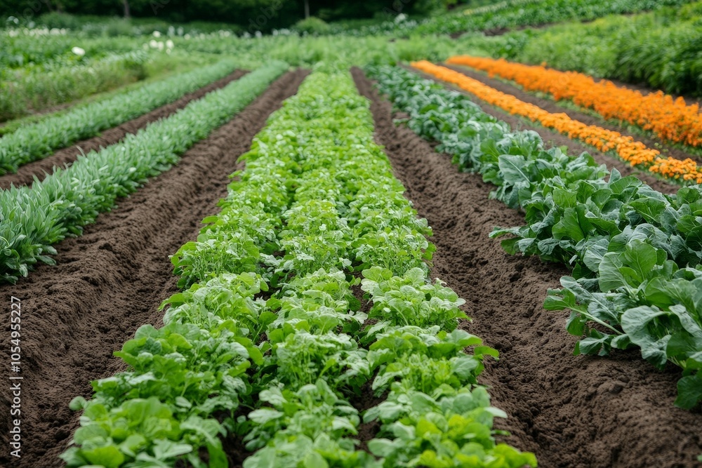 Organic farming with a focus on crop rotation, showing diverse crops growing side by side in a rich, fertile field. Organic farming with a focus on crop rotation, showing diverse crops growing side by side in a rich, fertile field.
