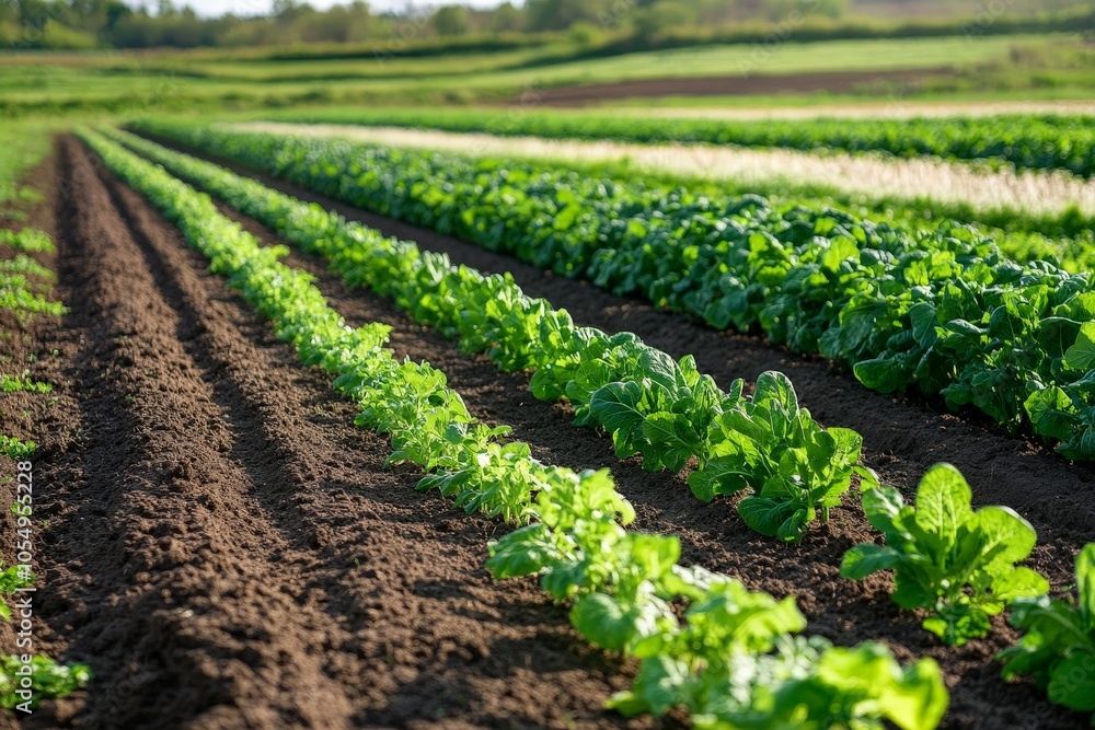 Organic farming with a focus on crop rotation, showing diverse crops growing side by side in a rich, fertile field. Organic farming with a focus on crop rotation, showing diverse crops growing side by side in a rich, fertile field.