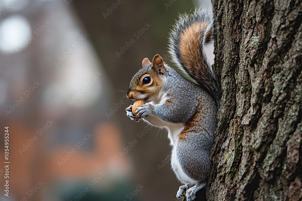 A squirrel perched on the trunk of an old oak tree