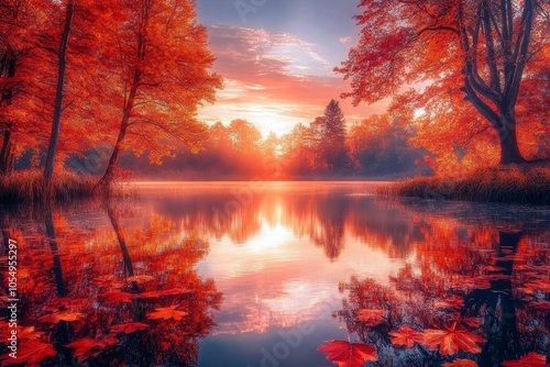 Witness the breathtaking beauty of autumn as vibrant red leaves reflect on the calm waters at sunset, creating a serene landscape filled with warmth and tranquility. photo