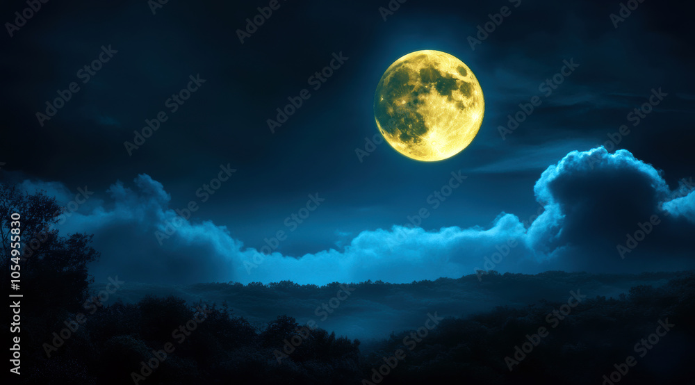 A mesmerizing full moon illuminates the atmospheric night sky, casting a serene glow over misty hills and dramatic cloud formations, creating a tranquil and otherworldly ambiance. A mesmerizing full moon illuminates the atmospheric night sky, casting a serene glow over misty hills and dramatic cloud formations, creating a tranquil and otherworldly ambiance.