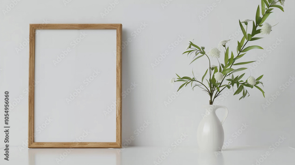 A minimalist design decor set up with blank picture frame with white vase and greenery A minimalist design decor set up with blank picture frame with white vase and greenery
