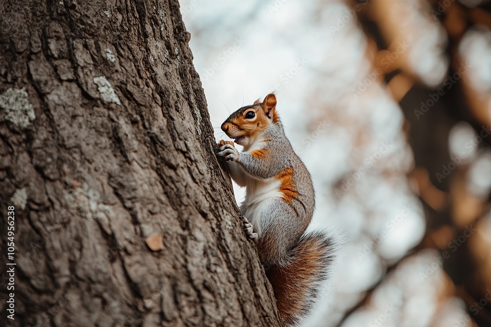Fototapeta premium A squirrel perched on the trunk of an old oak tree