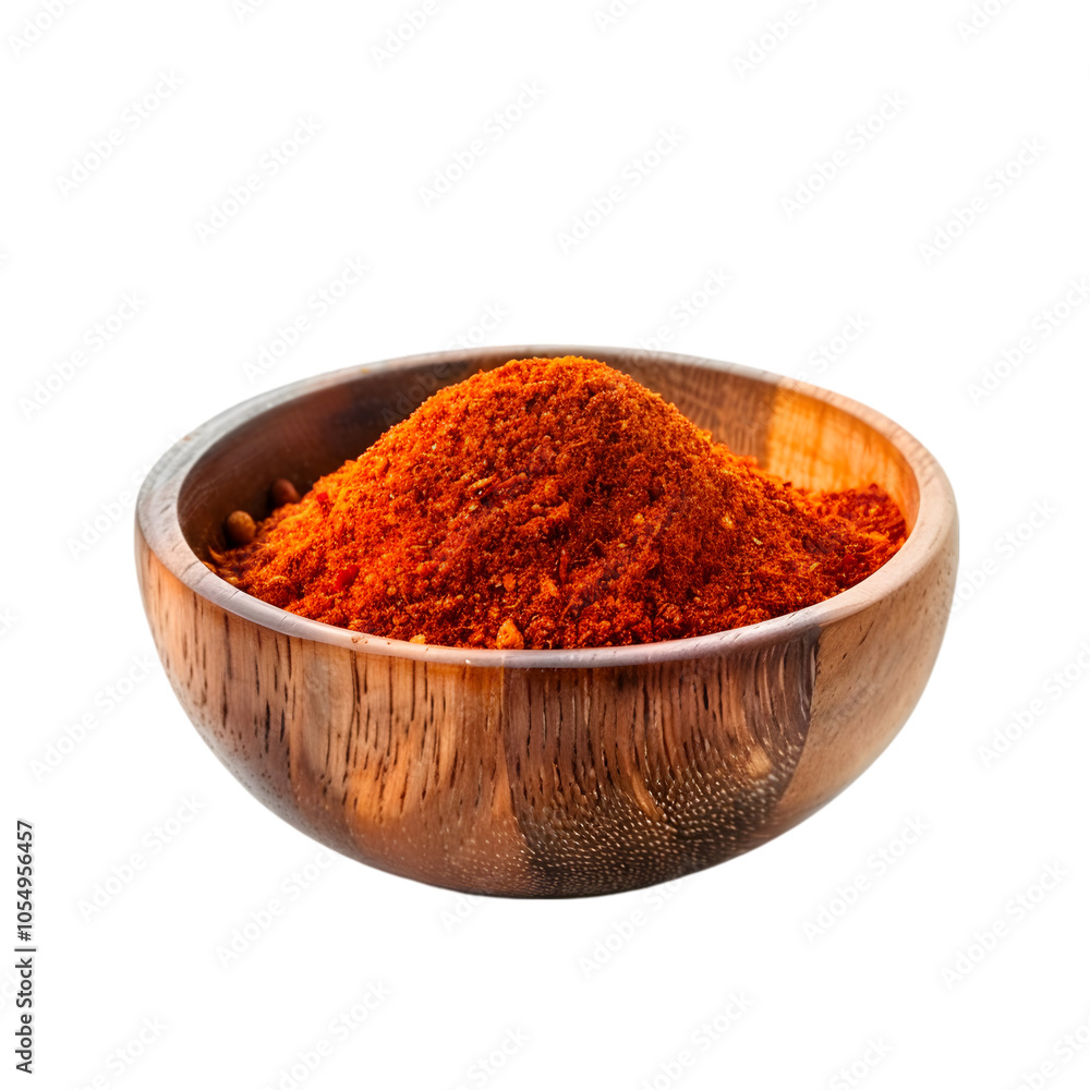 Red chili powder in a wooden bowl isolated on a transparent background Red chili powder in a wooden bowl isolated on a transparent background