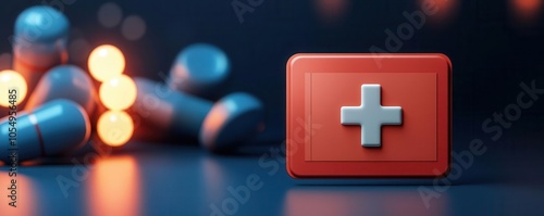 Health insurance icon, card with medical cross, 3D illustration photo