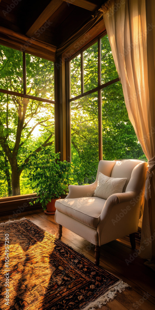 A cozy corner adorned with a soft armchair and flowing curtains, inviting natural light and the beauty of greenery into a tranquil indoor space. A cozy corner adorned with a soft armchair and flowing curtains, inviting natural light and the beauty of greenery into a tranquil indoor space.