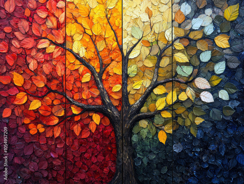 A visually stunning triptych artwork showcasing a tree transitioning through vibrant seasonal colors, embodying the essence of nature?s beauty and transformation from autumn to winter. photo