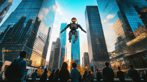 AI govern human, technocracy, concept. Robots rule the world. A robot, as the authority, flying above people taking control and overseeing them photo