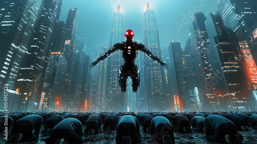 AI govern human, technocracy, concept. Robots rule the world. A robot, as the authority, flying above people taking control and overseeing them