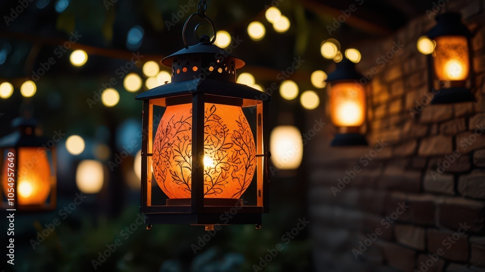 Decorative lanterns glowing in the night, creating a warm and magical atmosphere Decorative lanterns glowing in the night, creating a warm and magical atmosphere