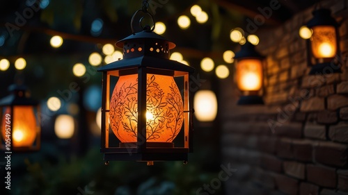 Decorative lanterns glowing in the night, creating a warm and magical atmosphere