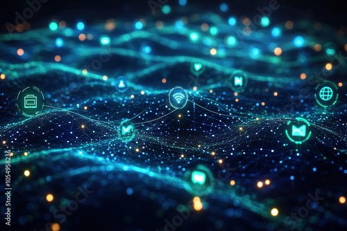 Abstract blue digital wave with glowing icons representing communication and internet.