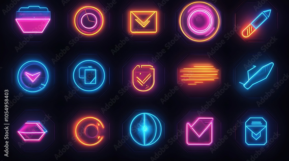 Vibrant neon icons for digital communication and creativity Vibrant neon icons for digital communication and creativity