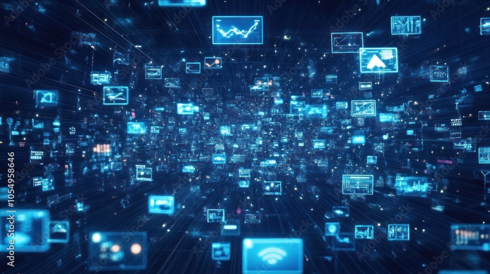 A digital landscape showcasing numerous data screens and graphs in a futuristic setting. A digital landscape showcasing numerous data screens and graphs in a futuristic setting.