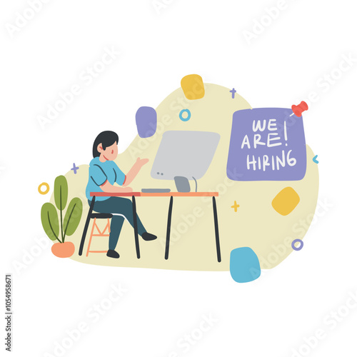 Person sitting at a computer desk chair with a plant and a hiring sign. Suitable for office, job recruitment, and workspace concepts.