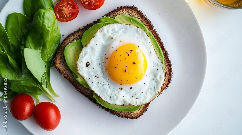A healthy and delicious breakfast of avocado toast with a fried egg and spinach. A healthy and delicious breakfast of avocado toast with a fried egg and spinach.