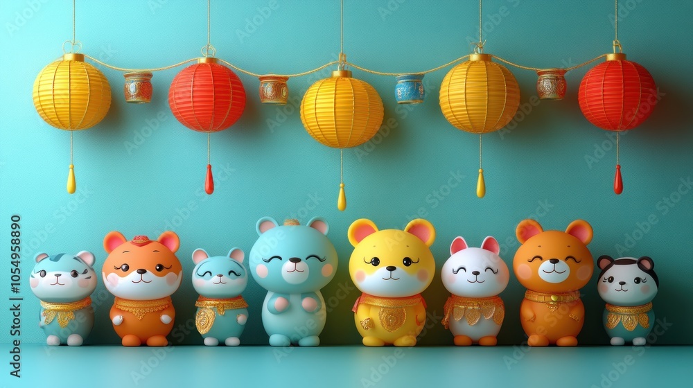 Festive Lanterns and Cute Cartoon Animals on a Turquoise Background