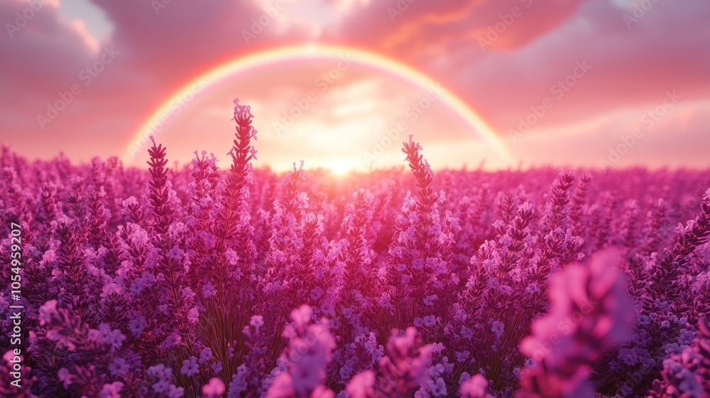 Naklejka premium Lavender Field with Rainbow and Sunset