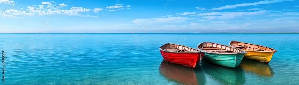 Clear lake with reflections of blue skies and a few brightly colored boats, adding a sense of joy and serenity to the water Clear lake with reflections of blue skies and a few brightly colored boats, adding a sense of joy and serenity to the water