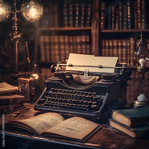 Cozy Antique Typewriter on a Cluttered Writer s Desk in a Dimly Lit Victorian Inspired Home Office photo