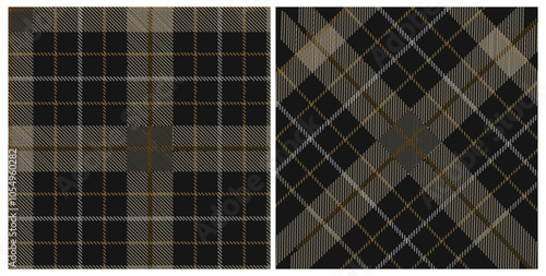 Tartan plaid pattern seamless set in black, gold brown, beige. Herringbone dark check background vector texture for autumn winter flannel shirt, blanket, other everyday menswear fashion fabric design.