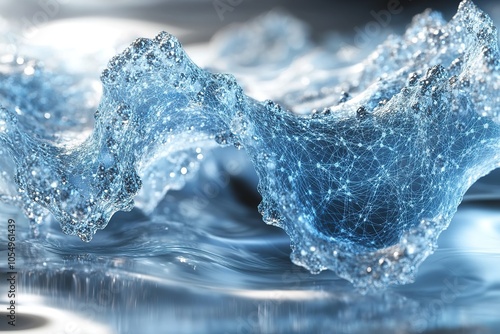 Abstract blue water wave with a digital grid pattern.