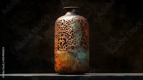 Exquisitely Preserved Antique Baghdad Battery Artifact with Ornate Filigree and Weathered Metallic Hues photo